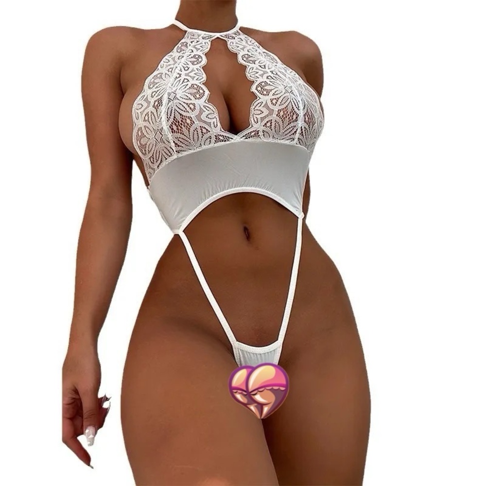 Floral White Lace Lingerie Halter One Piece Cross-back Thong Bodysuit
